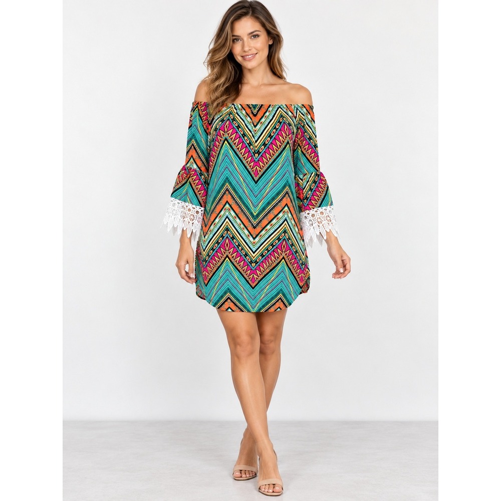 Lace Tunic Size S-M Boho Chevron Festival Off Shoulder Crochet Bell Sleeve